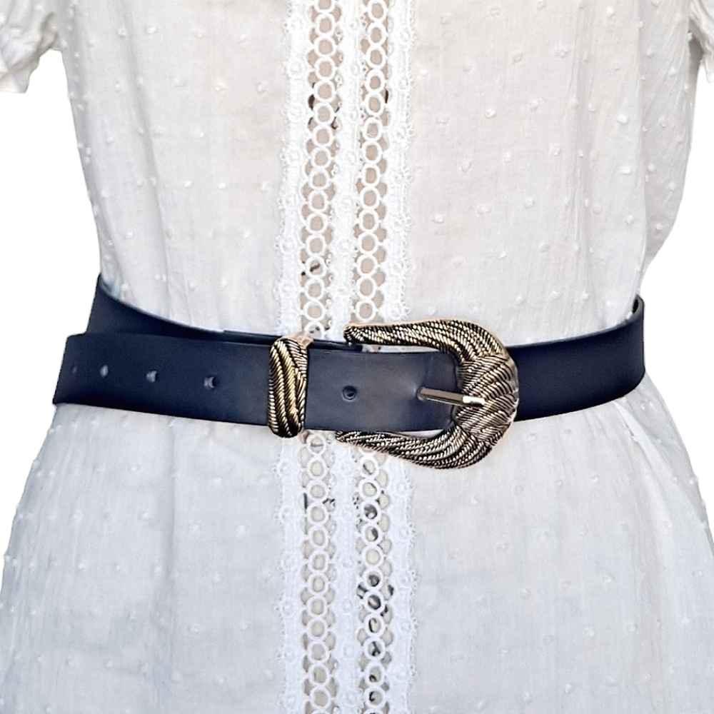 Womens Western black waist belt Gold textured big Buckle Faux leather boho